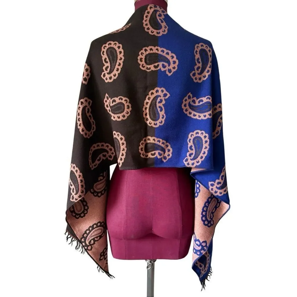 Seaward & Stearn London Paisley Scarf Wool Silk Brown Blue‎ Made in Italy